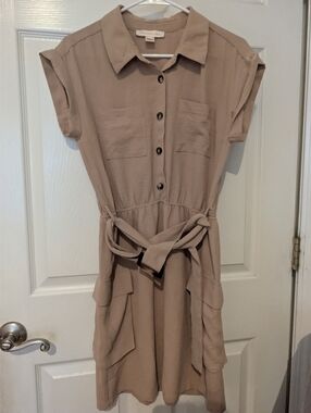 Monteau Taupe Button-Front Shirt Dress with Tie Belt
